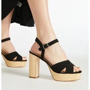 JUSTFAB Tina Crossover Platform Sandal Black Chunky Block Heel Shoes Size 10 New